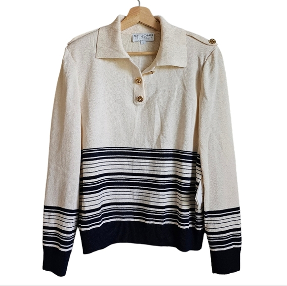 St. John Collection Sweaters - NEW St.John Knit Pullover Nautical Santana Navy Blue White Nautical Prep Sweater